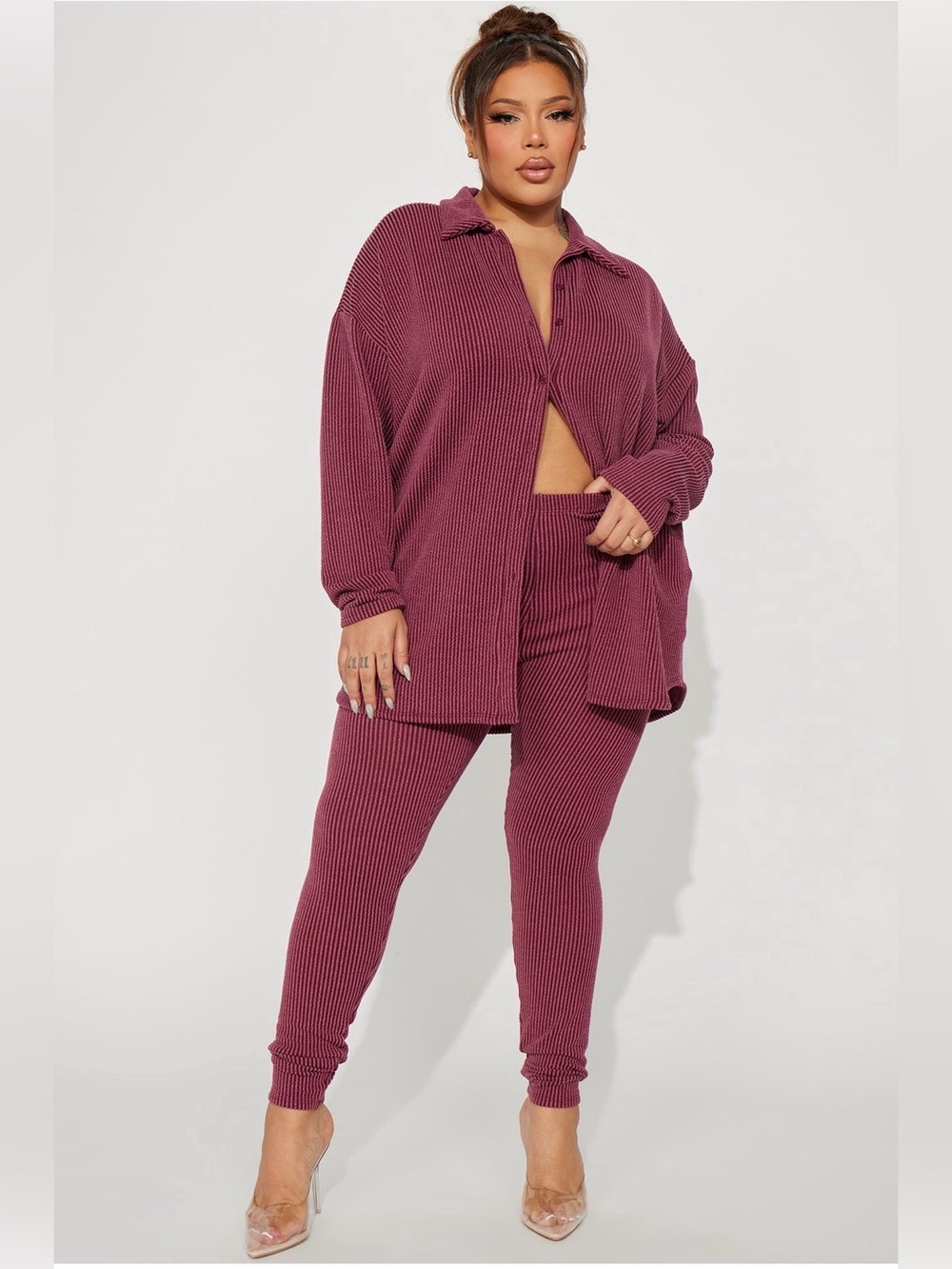 Fashion Nova Ribbed Two-Piece Lounge Set in Burgundy